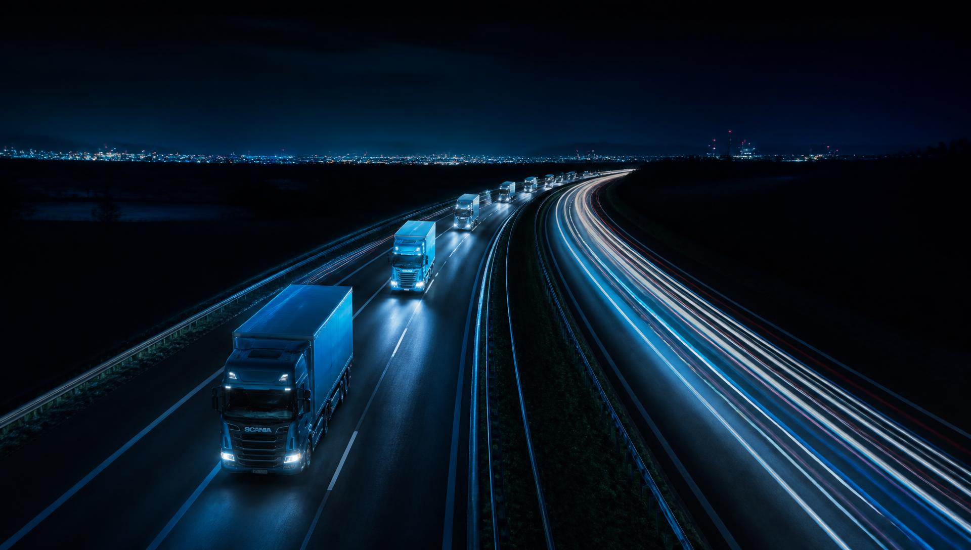 Fleet of trucks travelling a highway at night with light trails